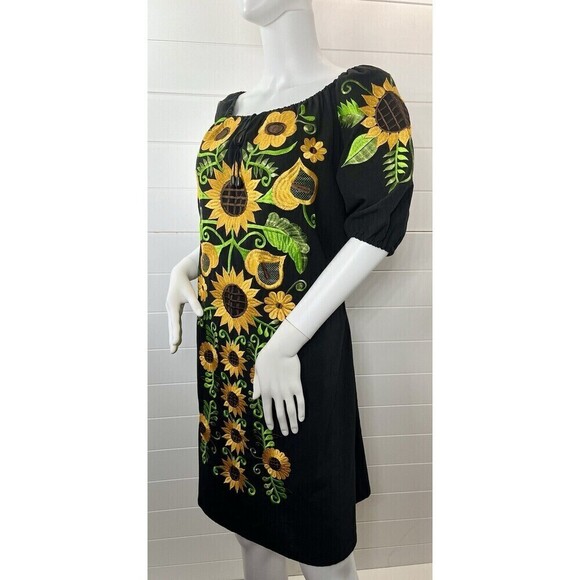 Handmade Peasant BLACK Dress Sunflowers Embroidered Womens 2X Boho Gypsy Hippie - Picture 1 of 8